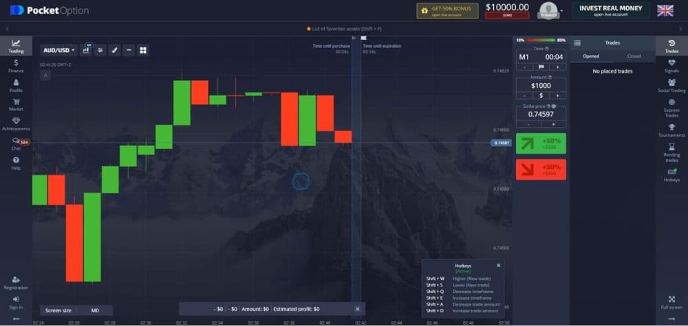 This is how the web version of the Pocket Option app looks in a browser.